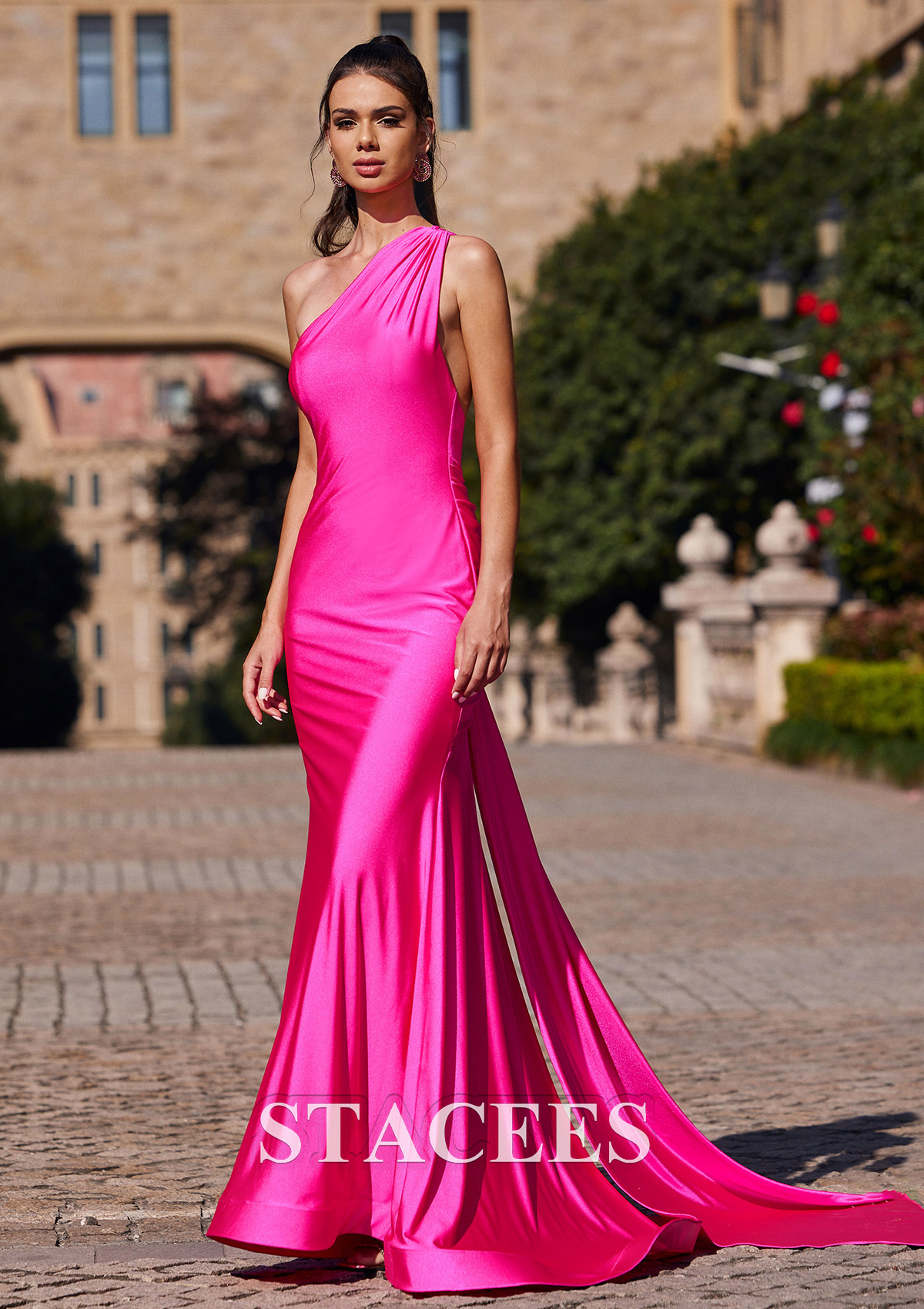 Fuchsia Trumpet/Mermaid One-Shoulder Sweep Train Jersey Prom Dress with Pleated Side Draping - STACEES