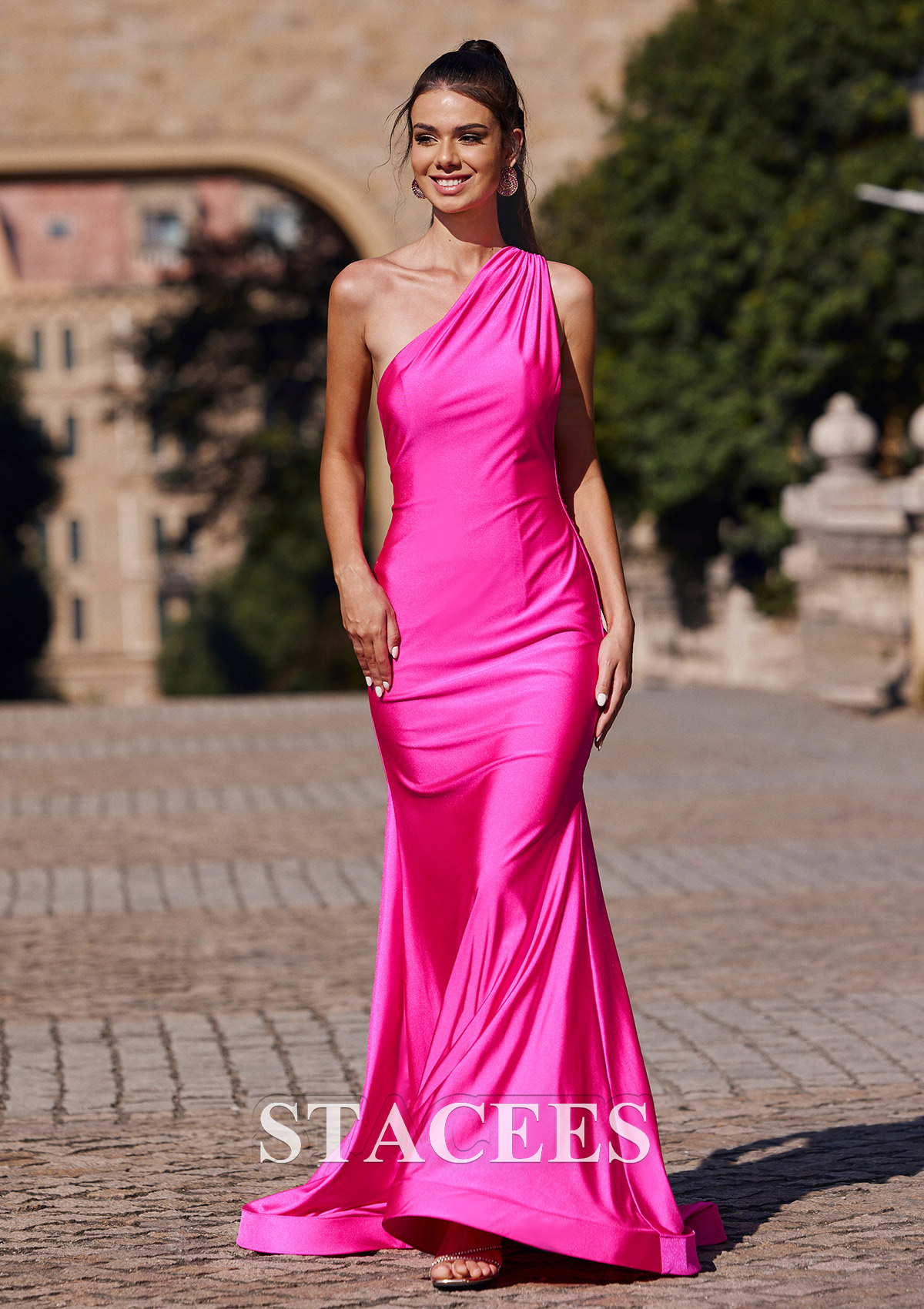 Fuchsia Trumpet/Mermaid One-Shoulder Sweep Train Jersey Prom Dress with Pleated Side Draping - STACEES