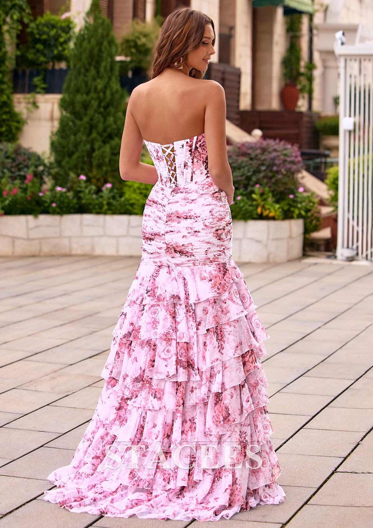 Blushing Pink Floral Fitted Ruched Corset Floral Tiered Ruffle Slit Prom Dress with Detachable Straps - STACEES