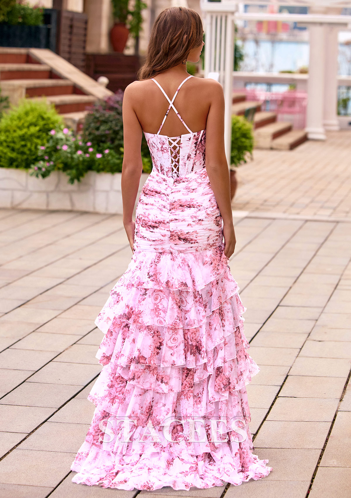 Blushing Pink Floral Fitted Ruched Strapless Corset Floral Tiered Ruffle Slit Prom Dress with Detachable Straps - STACEES
