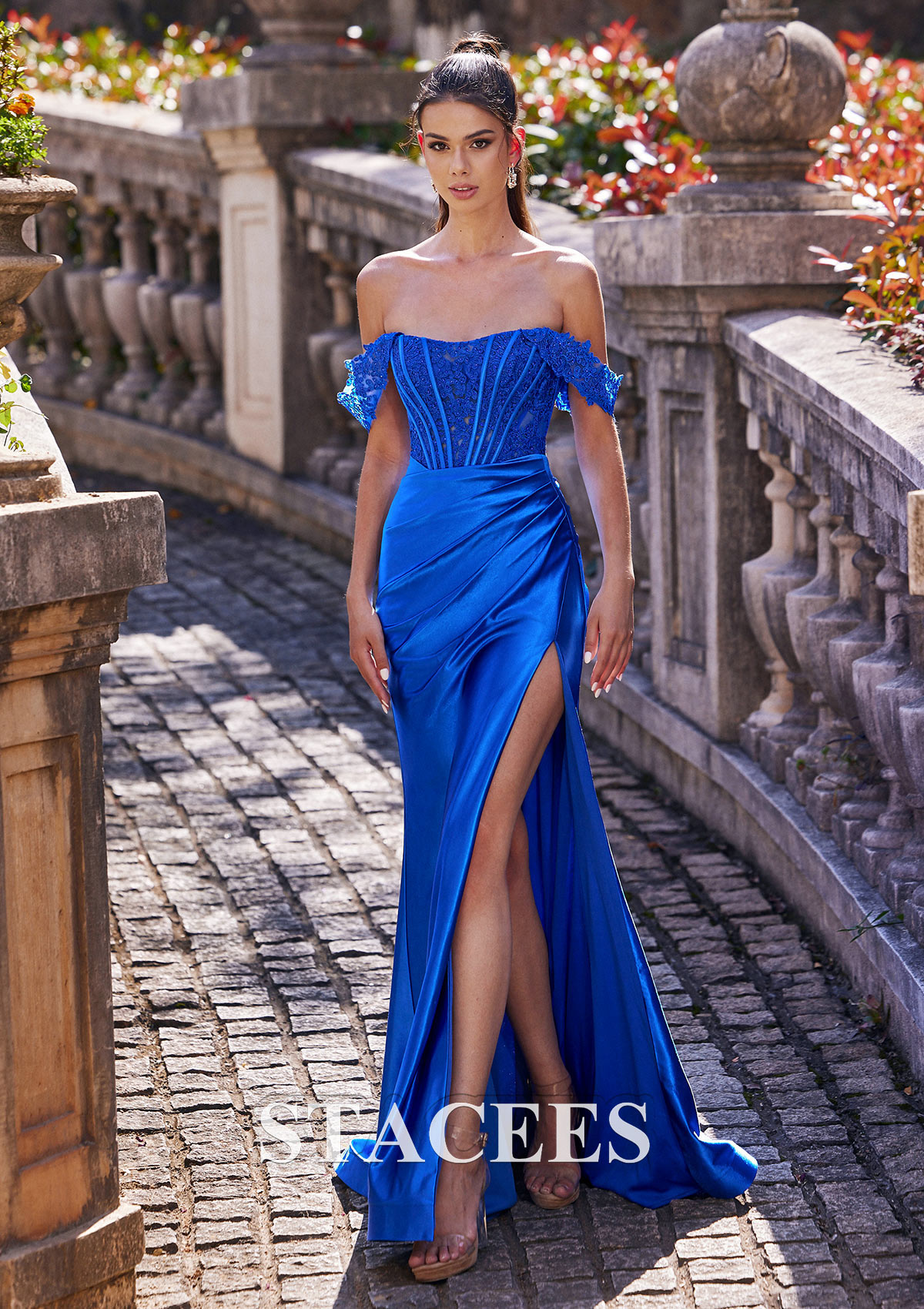 Ocean Blue Sheath/Column Off-the-Shoulder Sweep Train Silk like Satin Prom Dress with Appliqued Beading Pleated Split - STACEES