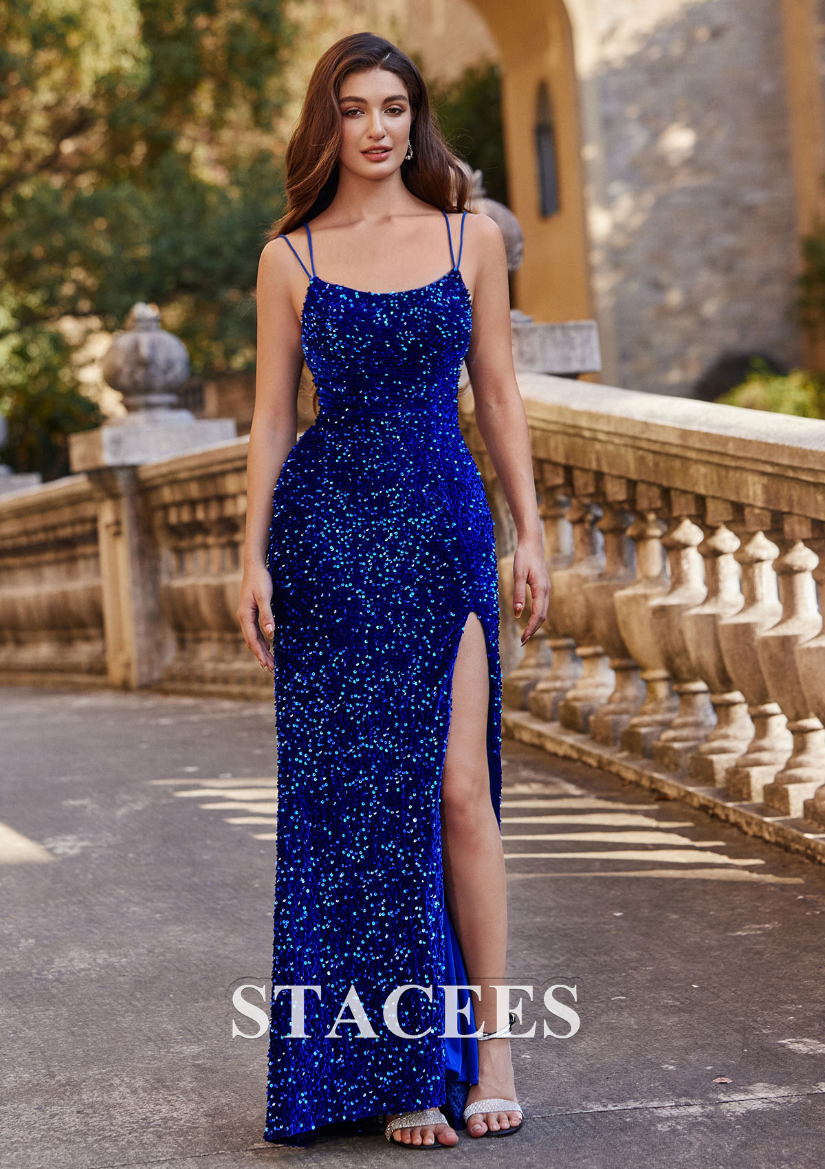 Royal Blue Sheath/Column Scoop Neck Sweep Train Velvet Sequins Prom Dress with Split - STACEES