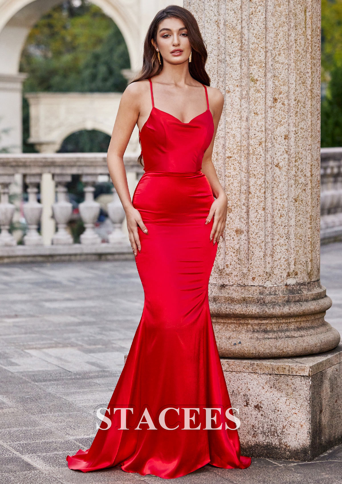 Red Corte trompeta/sirena escote en v tela charmeuse barrer tren vestido de graduación - STACEES