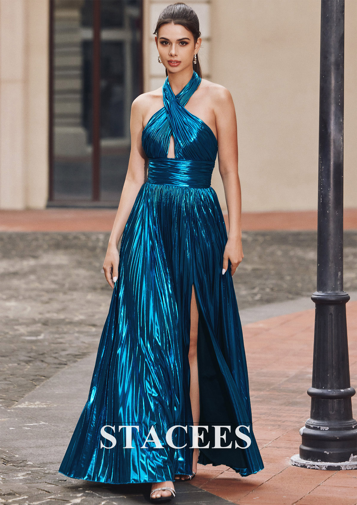Ink Blue A-line Halter Sleeveless Floor-Length Metallic Prom Dress with Split - STACEES