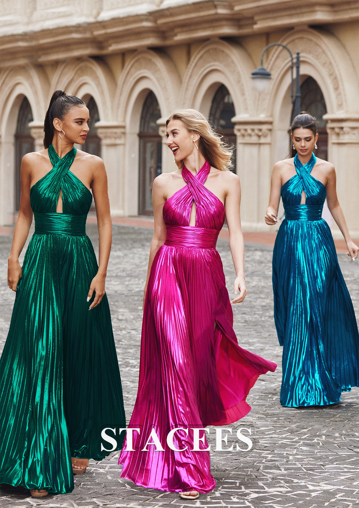 Verde Oscuro Vestido línea a cuello halter metálico hasta el suelo vestido de graduación - STACEES