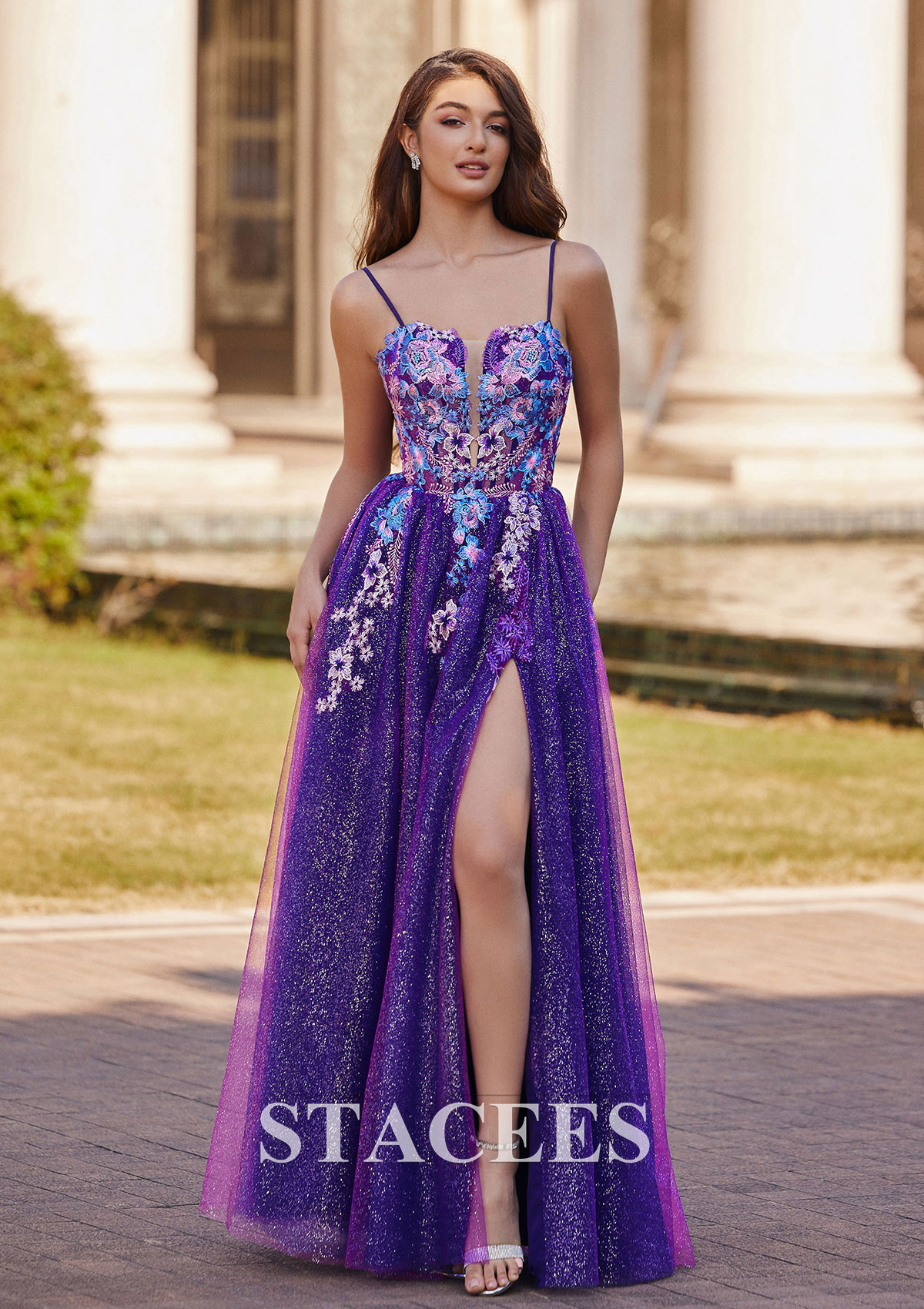 Orchid A-line Square Neckline Floor-Length Tulle Prom Dress with Appliqued Split Glitter - STACEES