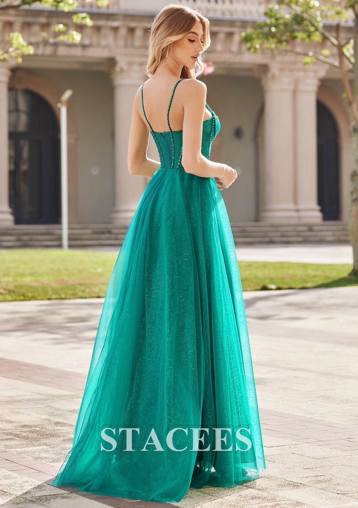 Teal Cuello de corazón vestido línea a tul hasta el suelo vestidos de graduación - STACEES