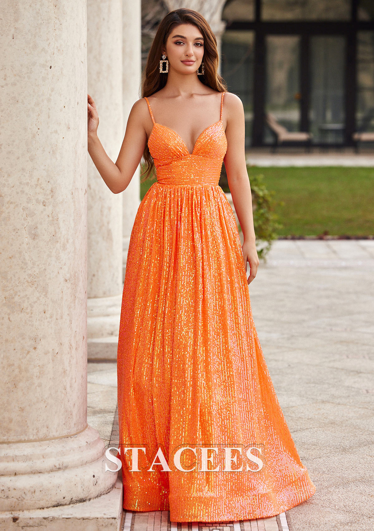 Orange Robe trapèze princesse col en v paillettes ras du sol robe de bal - STACEES