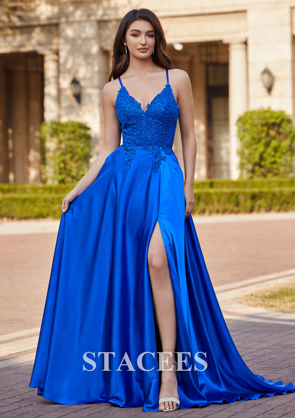 Royal Blue A-line V Neck Sweep Train Charmeuse Prom Dress with Appliqued Pockets Sequins - STACEES