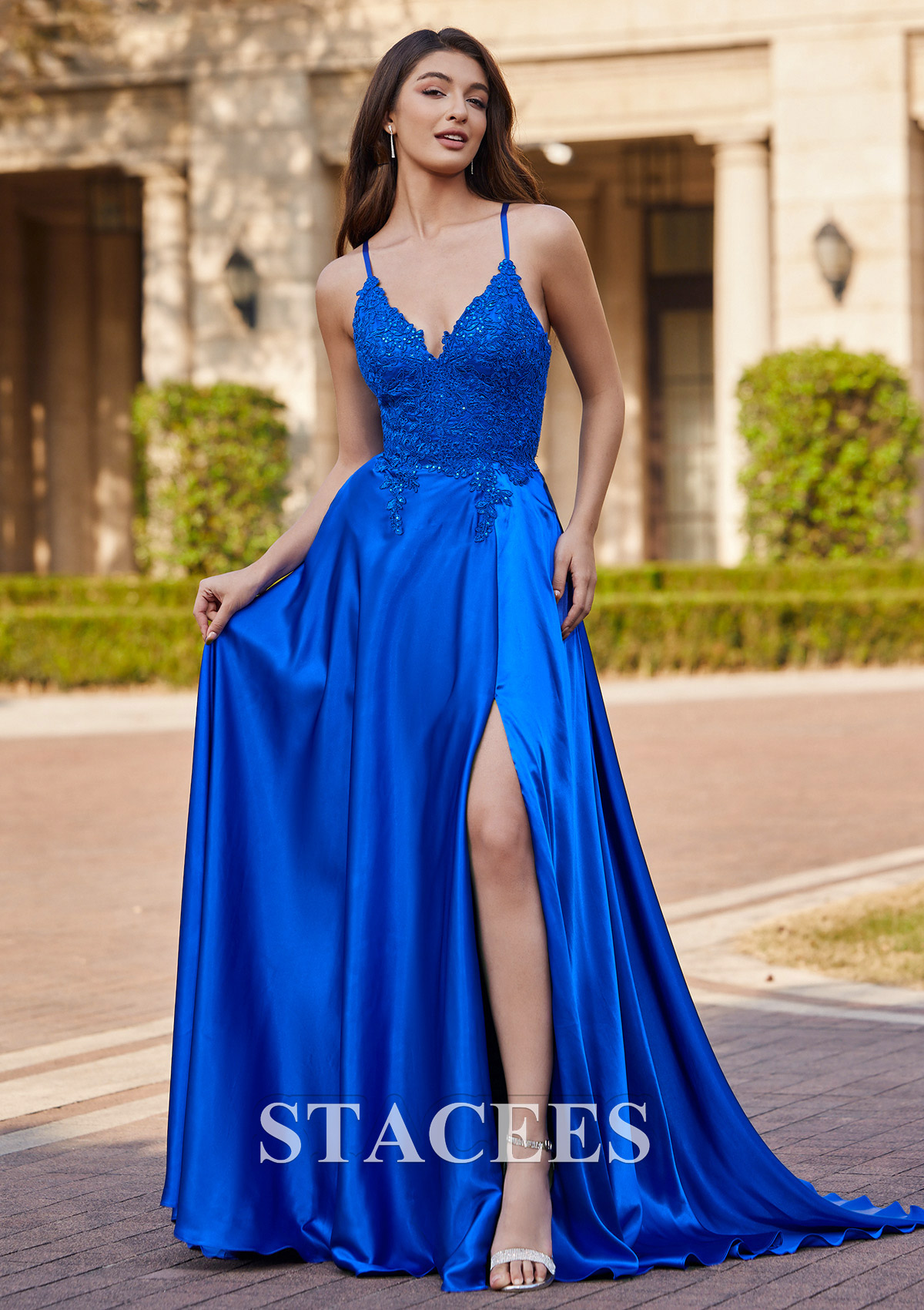Royal Blue A-line V Neck Sweep Train Charmeuse Prom Dress with Appliqued Pockets Sequins - STACEES