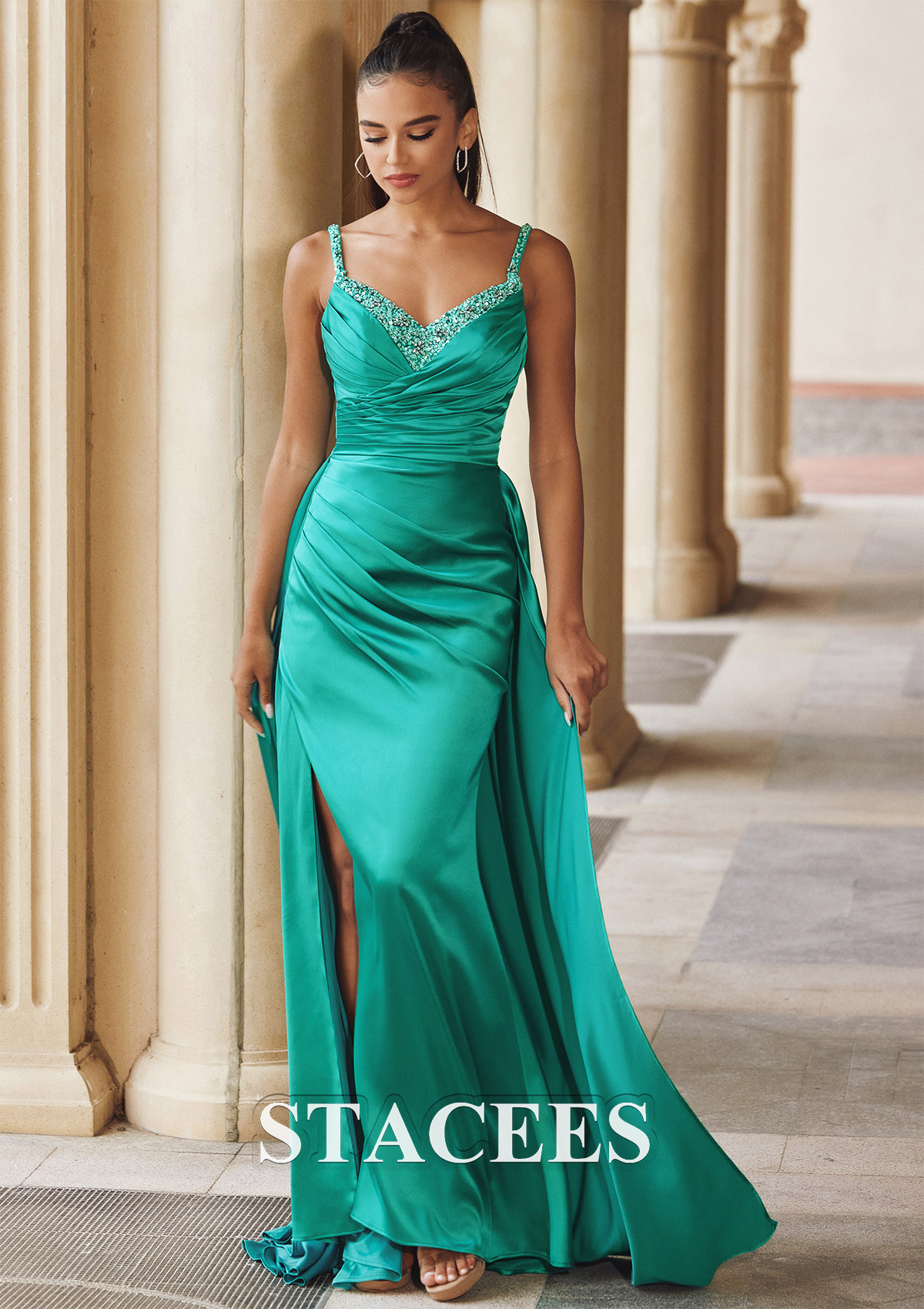 As Picture Sheath/Column V Neck Sleeveless Sweep Train Satin Prom Dress with Split Beading Pleated Side Draping - STACEES