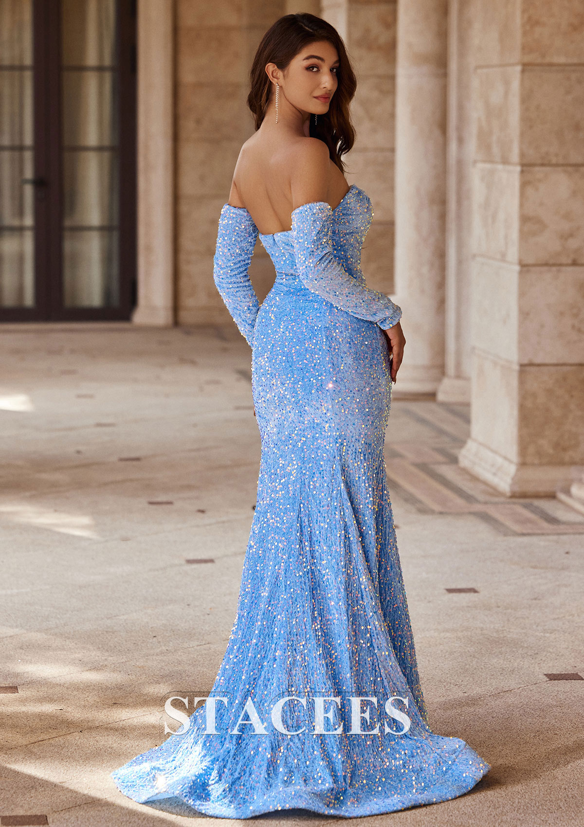 long sleeve light blue prom dress Trumpet/Mermaid Sweetheart Full/Long Sweep Train Velvet Sequins with Split S7640P - Prom Dresses Tulle 3