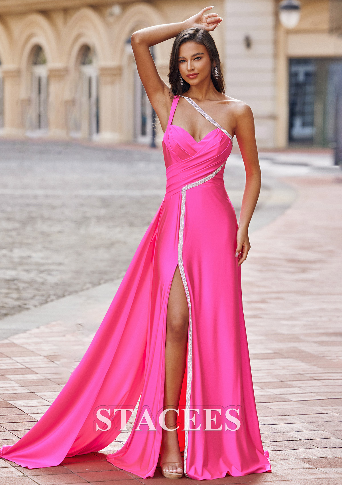 Fuchsia Robe trapèze une épaule jersey traîne balayage robe de bal - STACEES