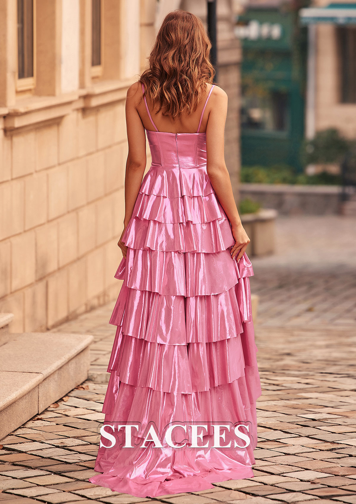 Candy Pink A-line Strapless Metallic Sweep Train Ruffles Prom Dress - STACEES