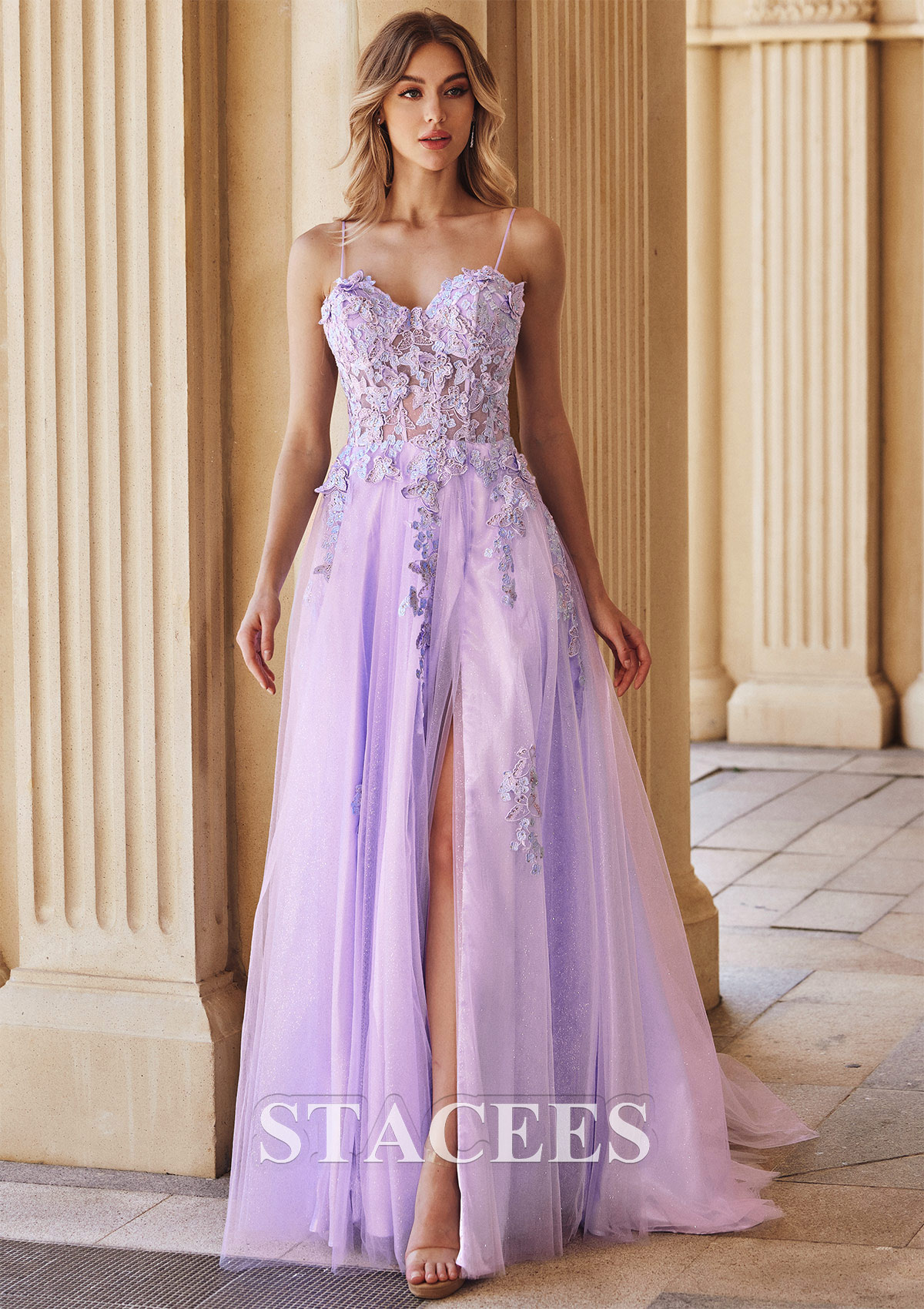 Lilac A-line Sweetheart Sleeveless Sweep Train Tulle Prom Dress with Appliqued Beading Split Glitter Butterfly - STACEES