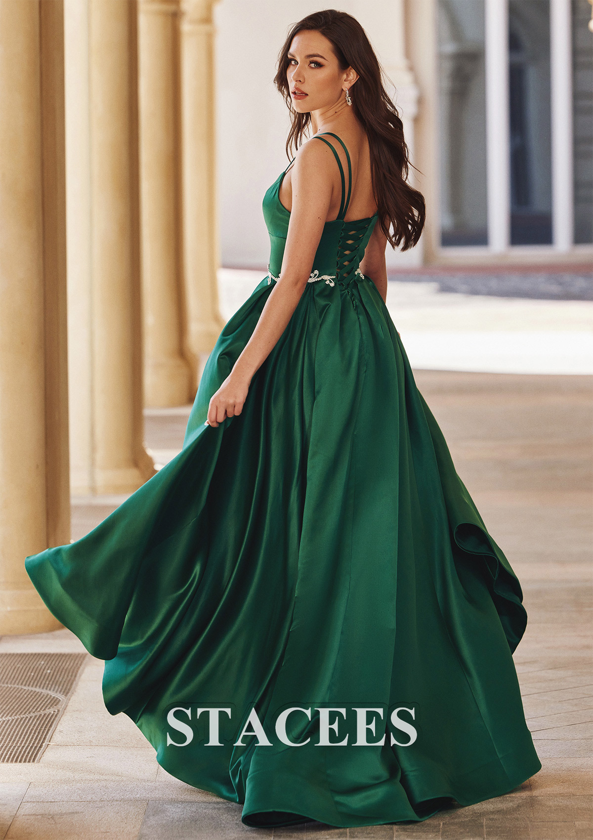 Dark Green A-line V Neck Sleeveless Sweep Train Satin Prom Dress with Waistband Split - STACEES