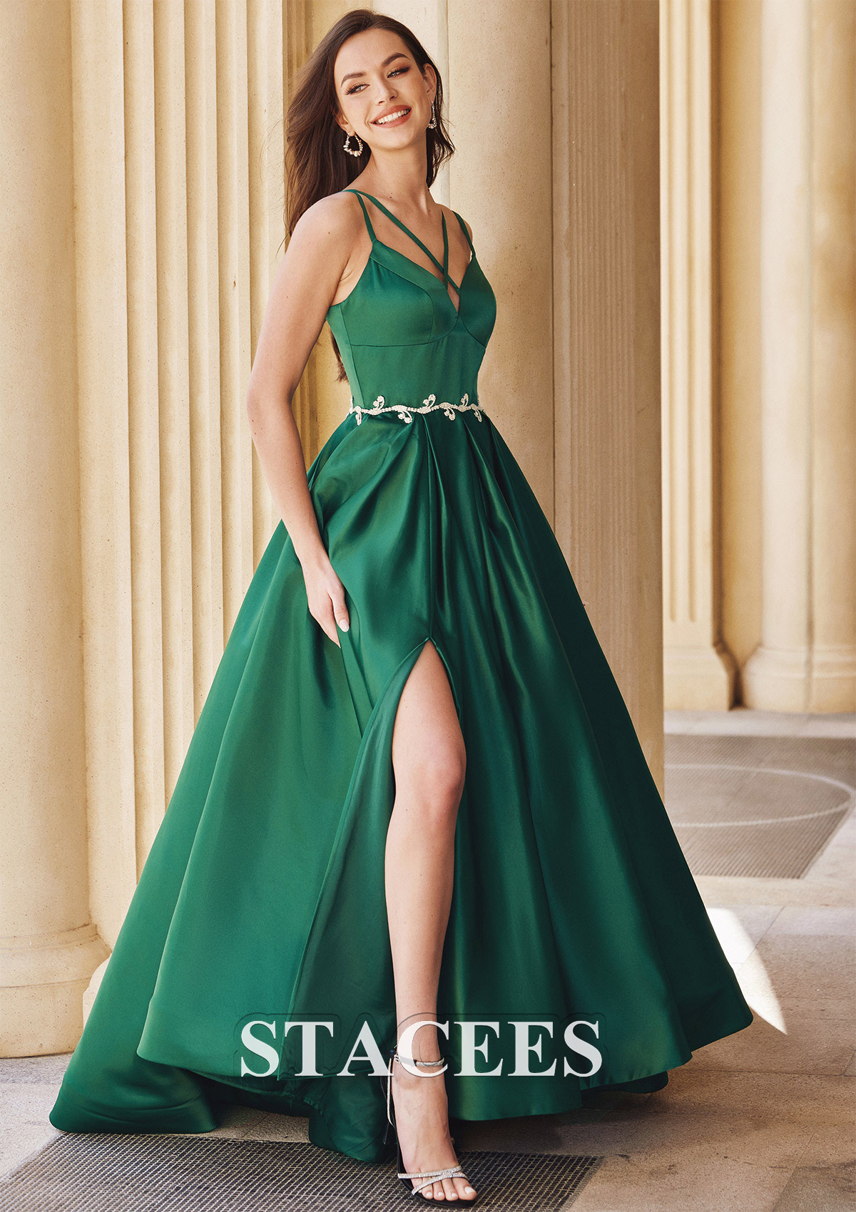 Dark Green A-line V Neck Sleeveless Sweep Train Satin Prom Dress with Waistband Split - STACEES