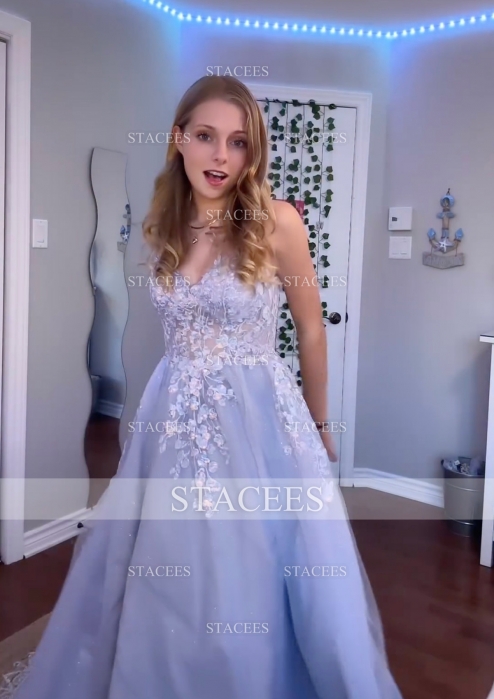 a-line/princess paillette tulle v-neck floor-length sleeveless dresses A-line Princess V Neck Sleeveless Floor-Length Tulle Prom Dress with  Sequins Appliqued Pockets Glitter Split S7541P - Prom Dresses