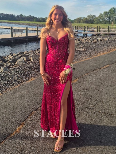fitted applique sequin sleeveless corset slit prom dress Clarisse 811304 - Long Sheath Dress
